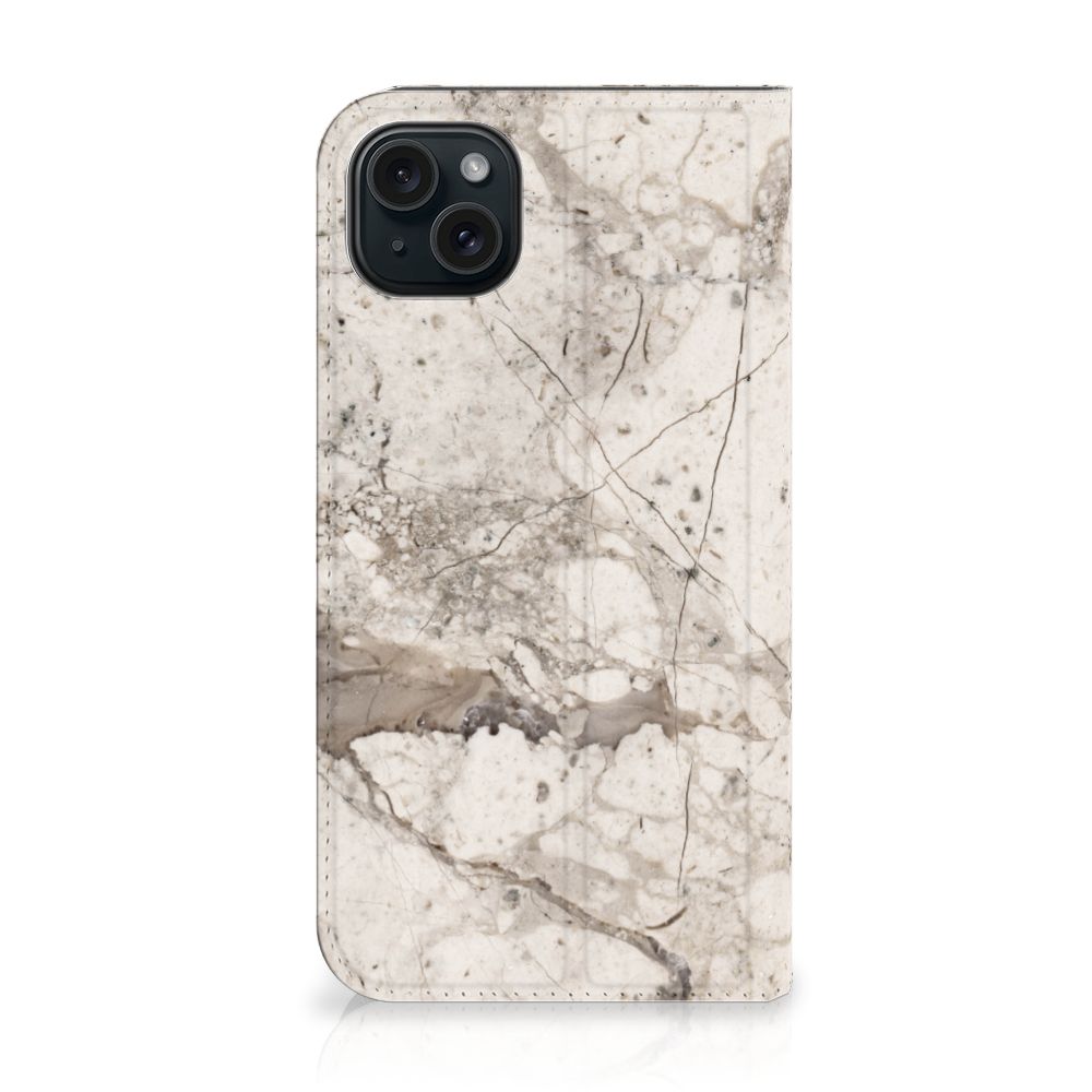 iPhone 15 Plus Standcase Marmer Beige - stijlvol marmerdesign met grijze aderen 🪨
