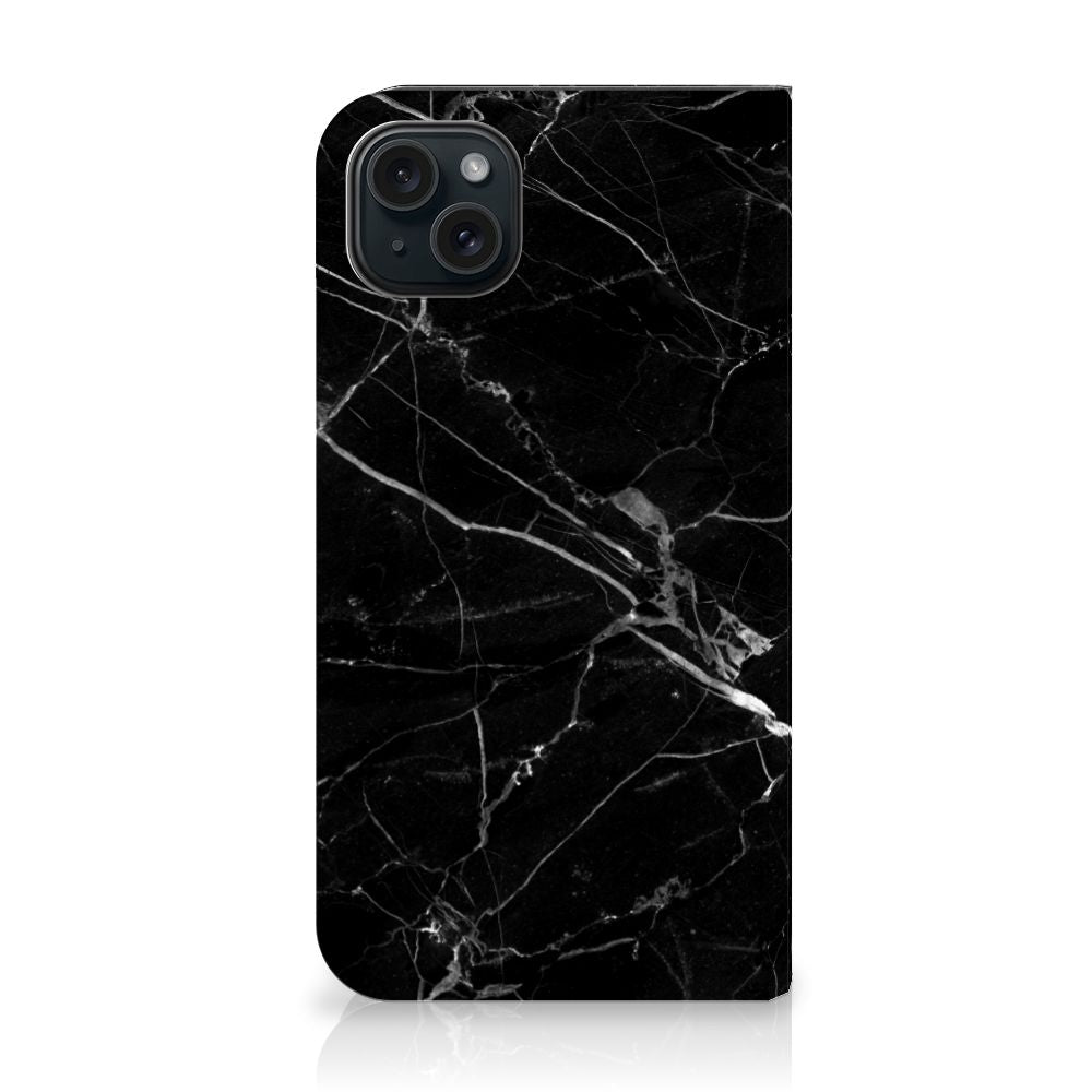 iPhone 15 Plus Standcase Marmer Zwart - Origineel Cadeau Vader met elegant zwart marmer design.