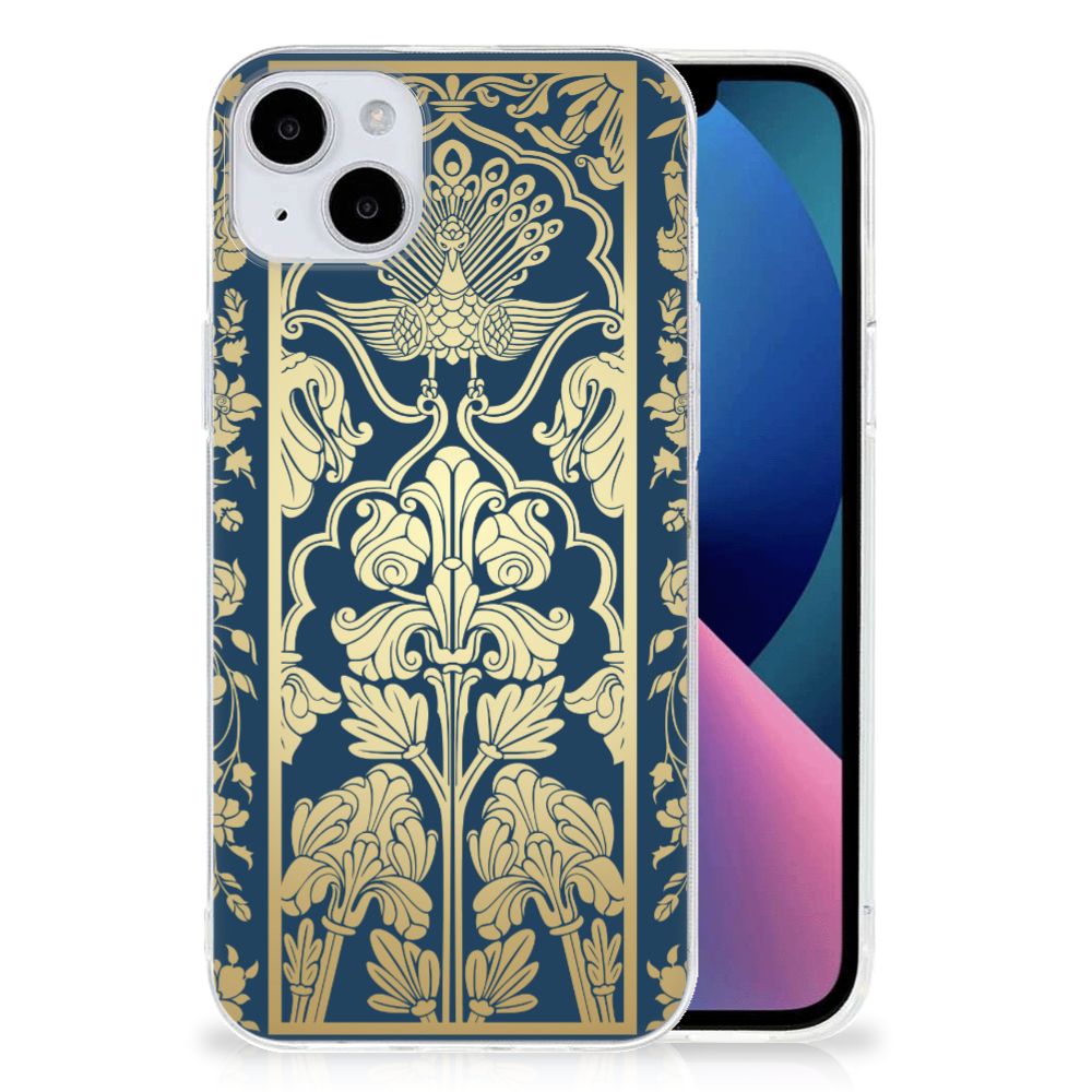 iPhone 15 Plus TPU Case Beige Flowers met een elegant design in beige en donkerblauw.