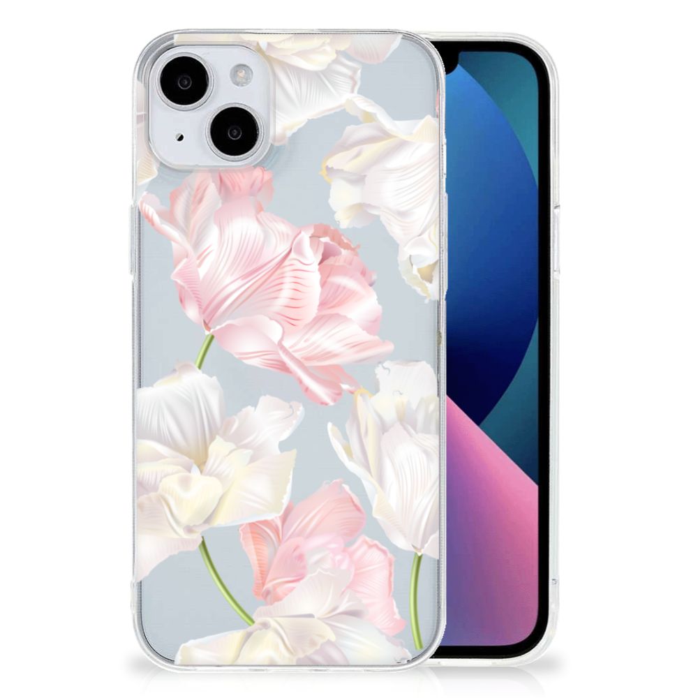 iPhone 15 Plus TPU Case Lovely Flowers with pink and white floral design on a light background.