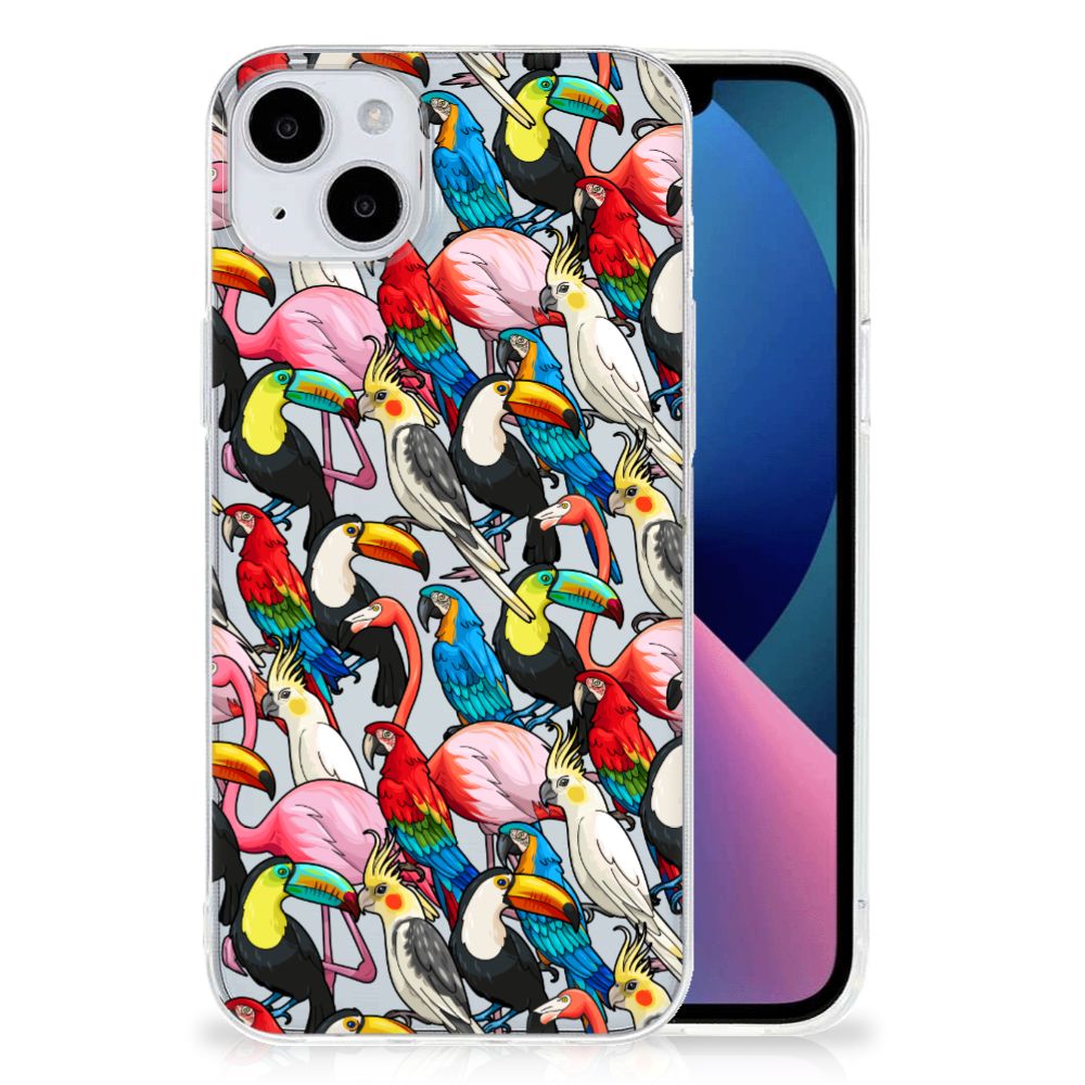 iPhone 15 Plus TPU Hoesje Birds met kleurrijke vogels zoals toekans en flamingo's op een witte achtergrond.