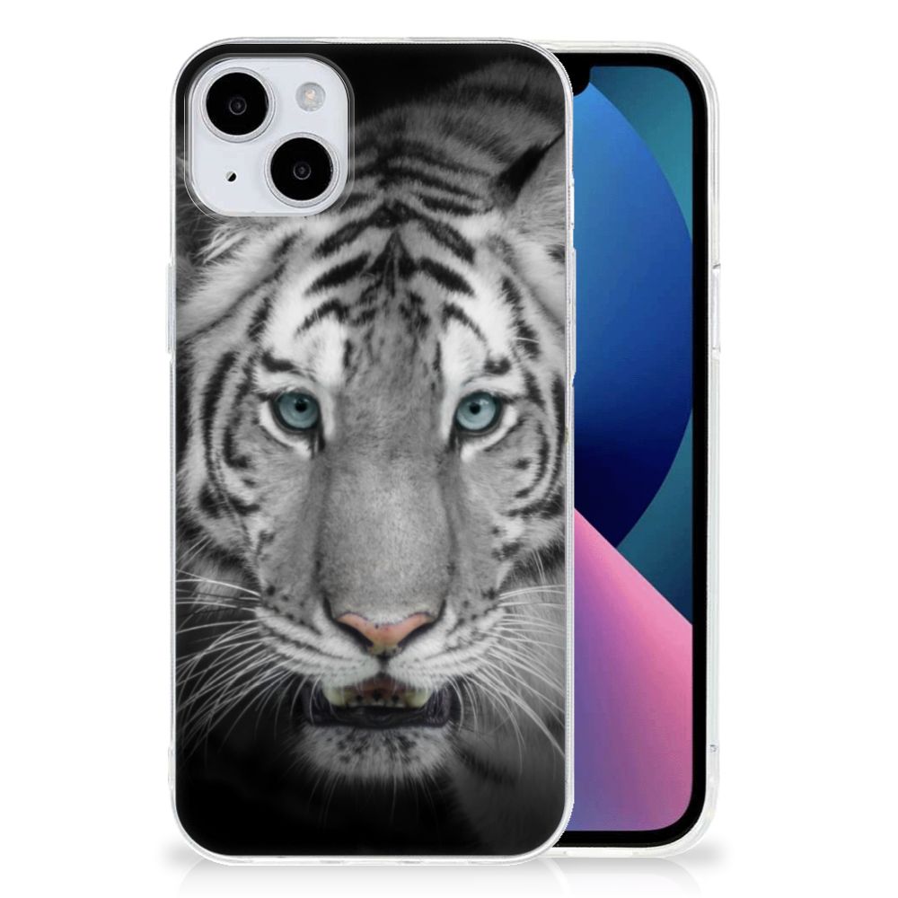 iPhone 15 Plus TPU Hoesje Tijger met afbeelding van een witte tijger met blauwe ogen.