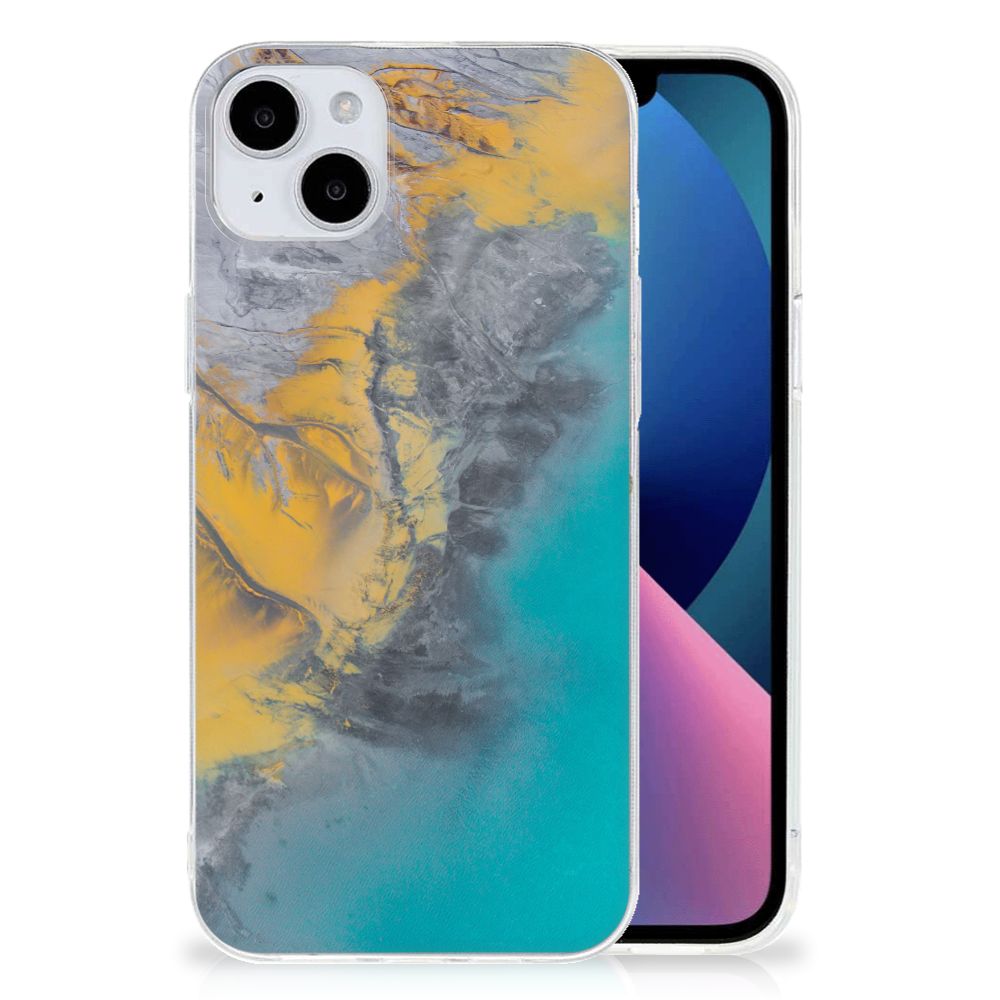 iPhone 15 Plus TPU Siliconen Hoesje Marble Blue Gold met een stijlvolle marmer ontwerp in blauw en goud.