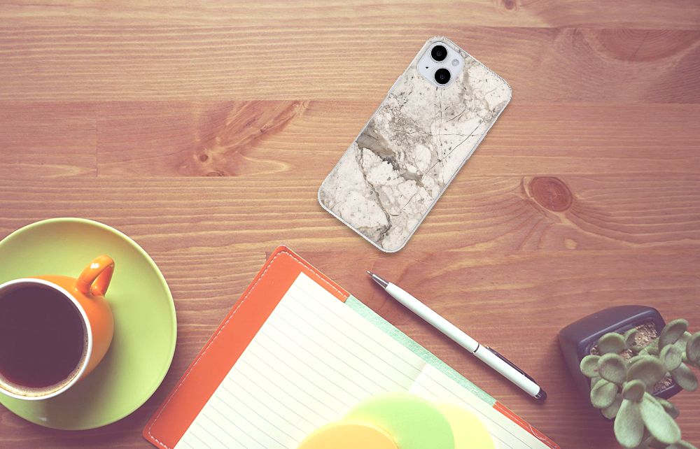 iPhone 15 Plus TPU Siliconen Hoesje Marmer Beige design marmer bovenaanzicht