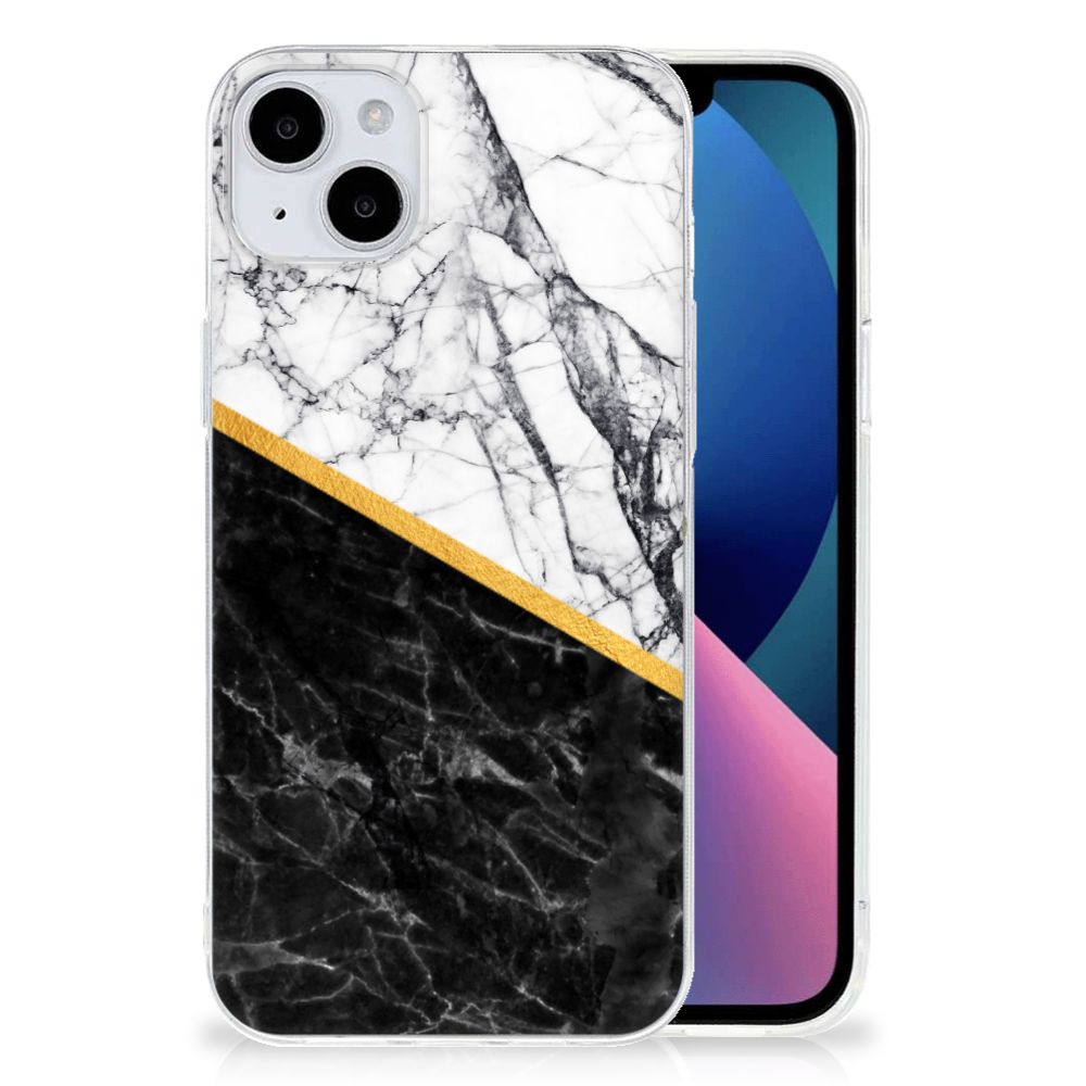 iPhone 15 Plus TPU Siliconen Hoesje Marmer Wit Zwart design zwartwit marmer aanzicht