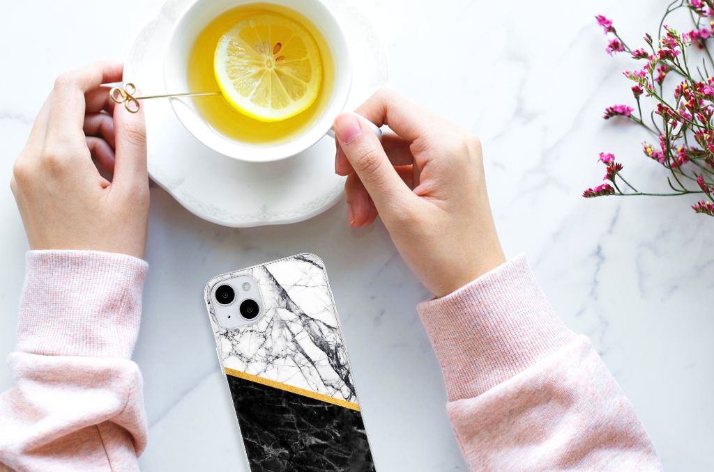 iPhone 15 Plus TPU Siliconen Hoesje Marmer Wit Zwart handen kopje citroen marmer
