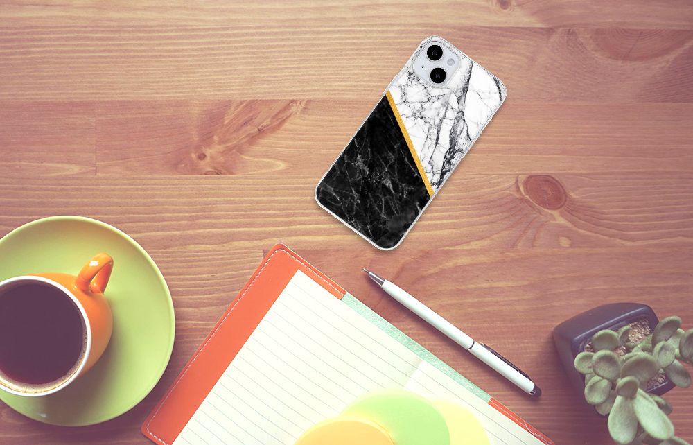 iPhone 15 Plus TPU Siliconen Hoesje Marmer Wit Zwart design marmer aanzicht