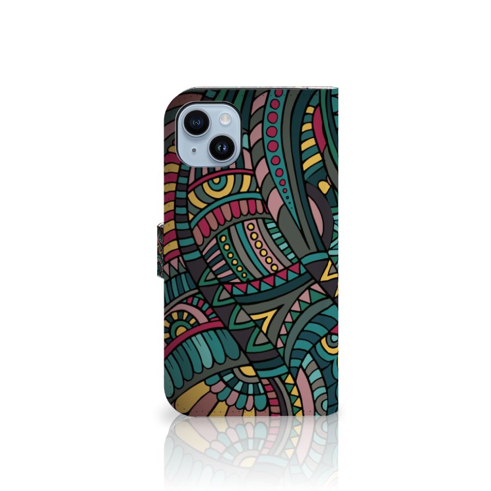 iPhone 15 Plus Telefoon Hoesje Aztec met kleurrijke, abstracte print en ruimte voor pasjes 🎨