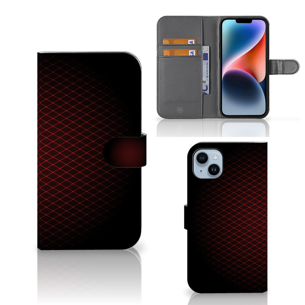 iPhone 15 Plus Telefoon Hoesje Geruit Rood met ruimte voor 3 pasjes en minimalistisch design