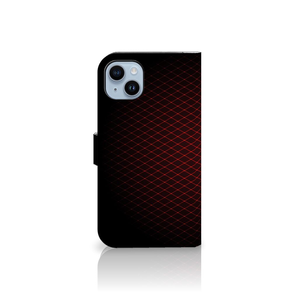 iPhone 15 Plus Telefoon Hoesje Geruit Rood met ruimte voor 3 pasjes, minimalistisch ontwerp in rood en zwart.