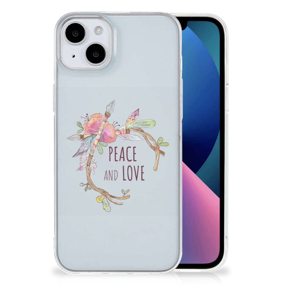 iPhone 15 Plus Telefoonhoesje met Naam Boho Text met een design van vrede en liefde 🌸.