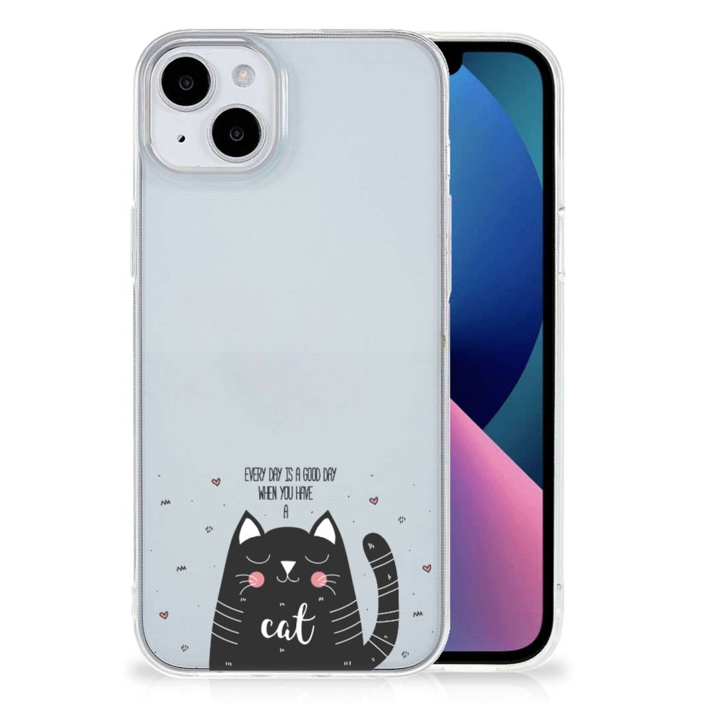 iPhone 15 Plus Telefoonhoesje met Naam Cat Good Day met schattig katdesign en flexibele rubberen achterkant.