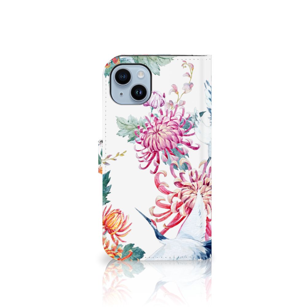 iPhone 15 Plus Telefoonhoesje met Pasjes Bird Flowers met kleurrijke bloemen en ooievaars 🌸.
