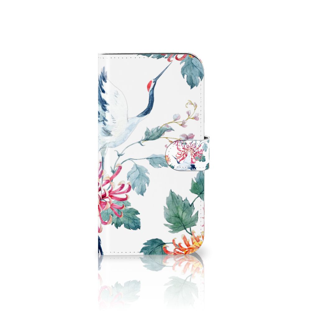 iPhone 15 Plus Telefoonhoesje met Pasjes Bird Flowers met kleurrijke ooievaar en bloemendesign.