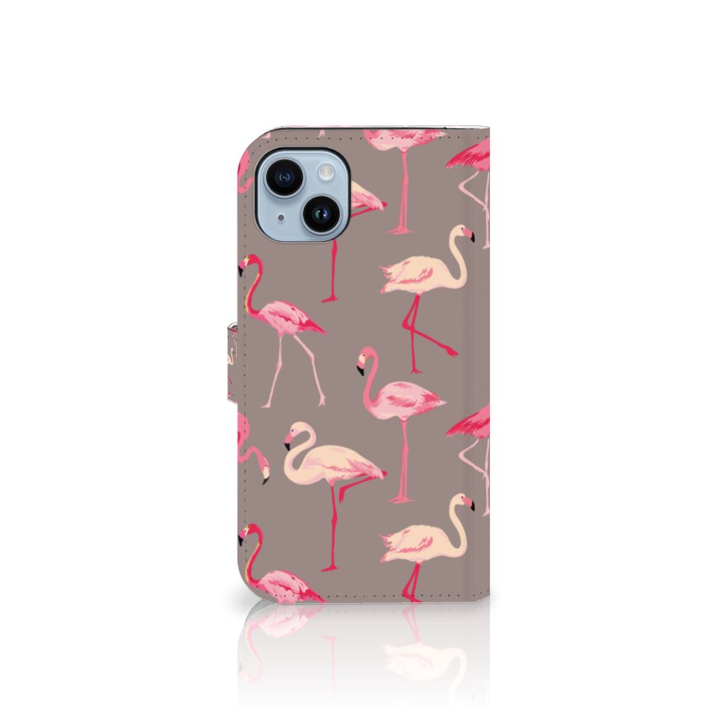 iPhone 15 Plus Telefoonhoesje met Pasjes Flamingo met kleurrijke flamingo's op een grijze achtergrond.