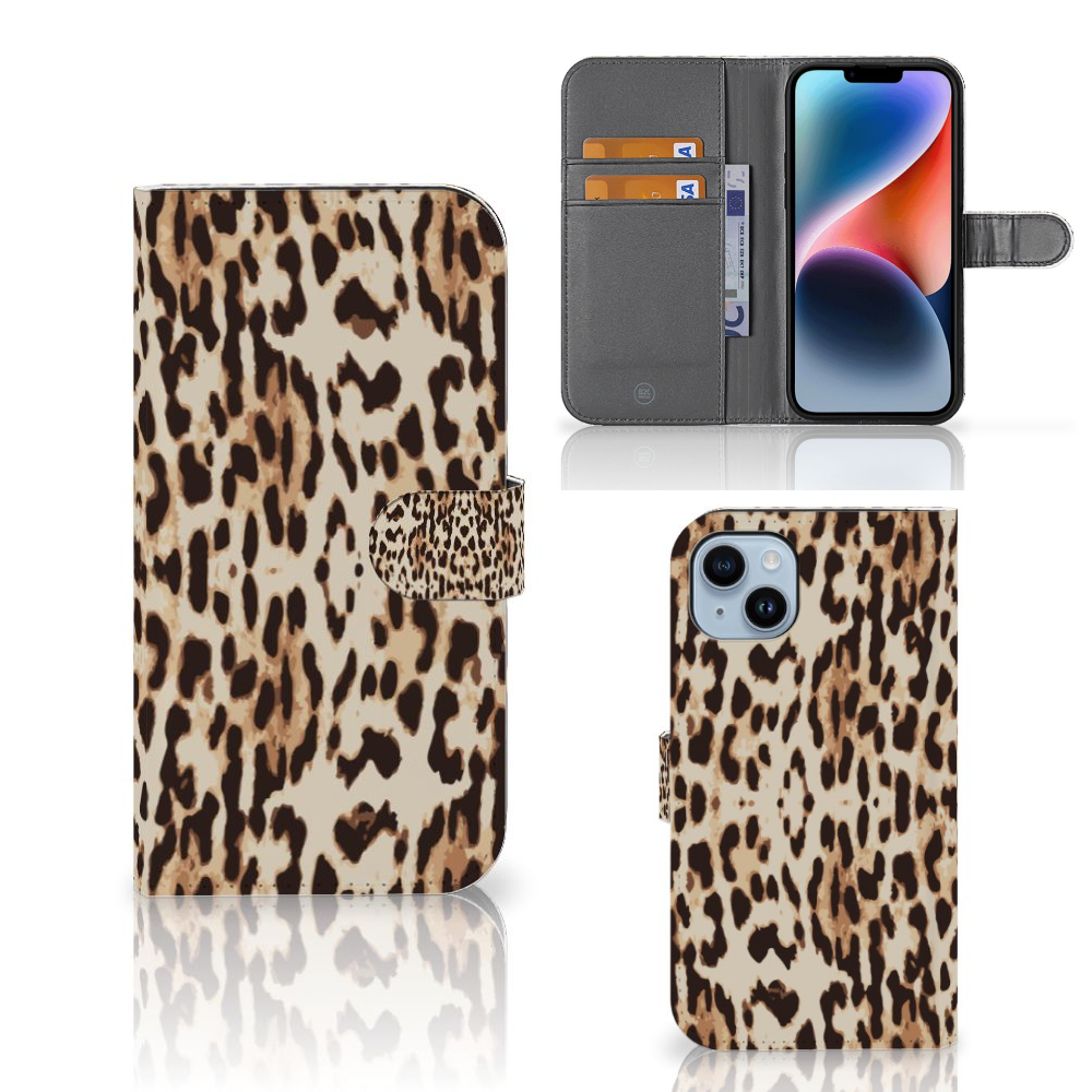 iPhone 15 Plus Telefoonhoesje met Pasjes Leopard hoesje panterprint aanzicht