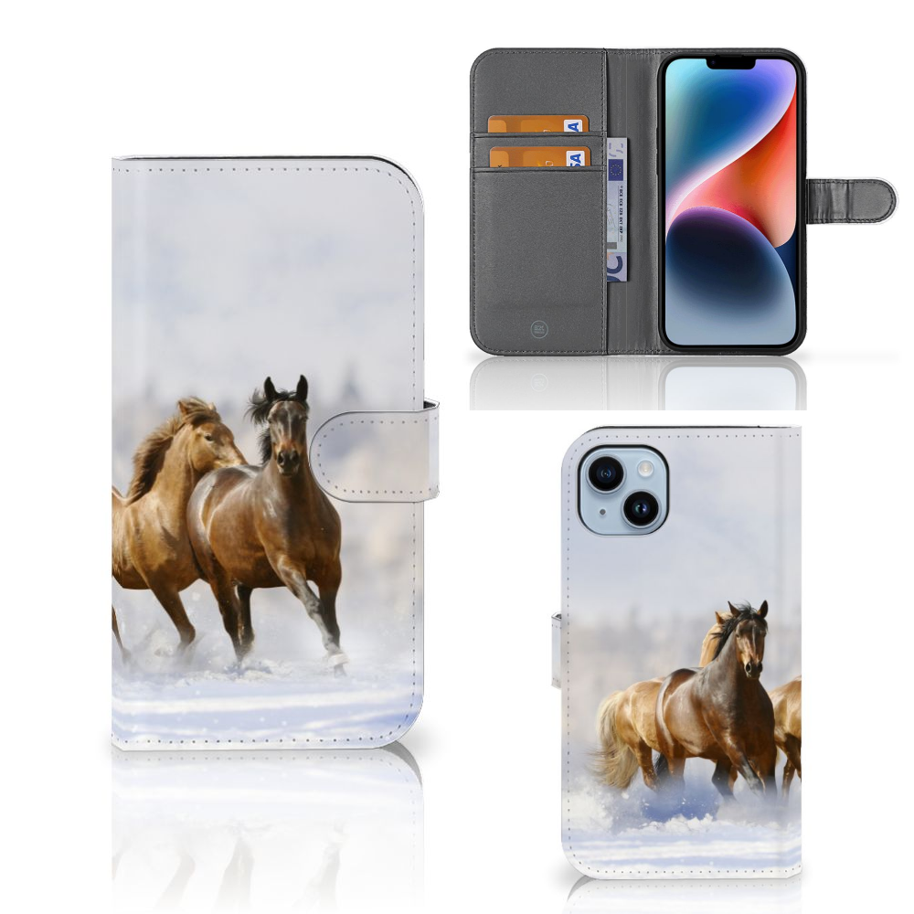 iPhone 15 Plus Telefoonhoesje met Pasjes Paarden met magneetsluiting en ruimte voor pasjes.