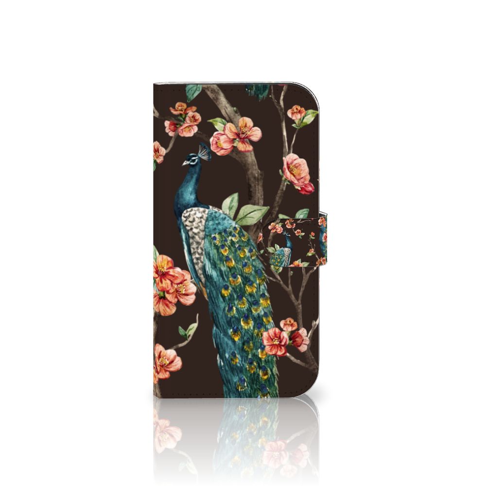 iPhone 15 Plus Telefoonhoesje met Pasjes Pauw met Bloemen - artistiek ontwerp met pauw en bloemen 🌸