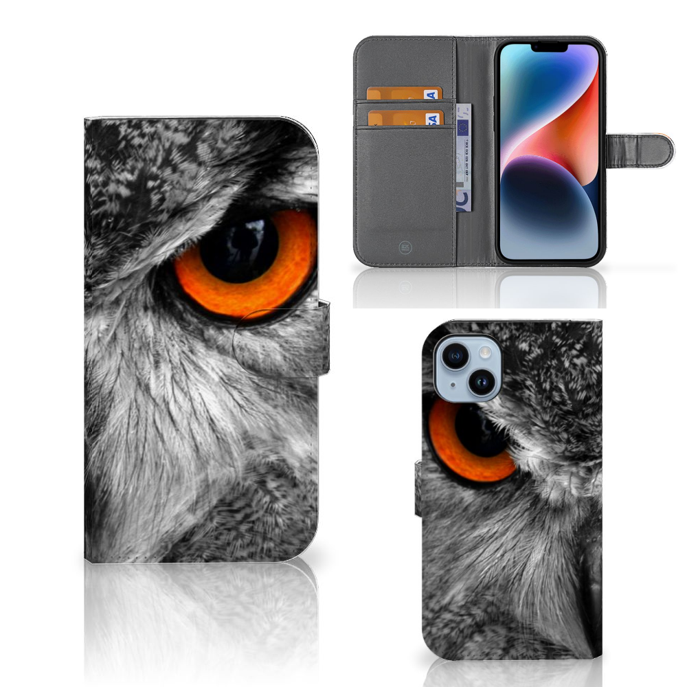 iPhone 15 Plus Telefoonhoesje met Pasjes Uil met zwart-wit patroon en opvallende oranje ogen van de uil 🦉.