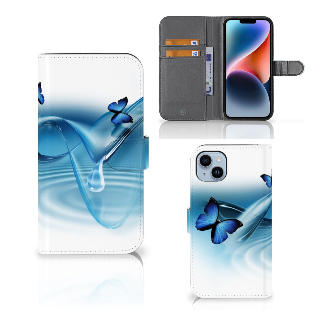 iPhone 15 Plus Telefoonhoesje met Pasjes Vlinders met blauwe vlinders en golven, elegante bookstyle case.