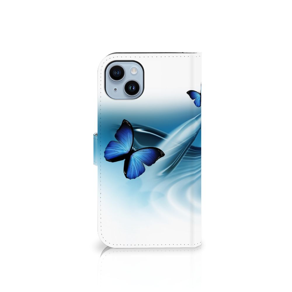 iPhone 15 Plus Telefoonhoesje met Pasjes Vlinders met blauwe vlinders op een witte achtergrond 🌊