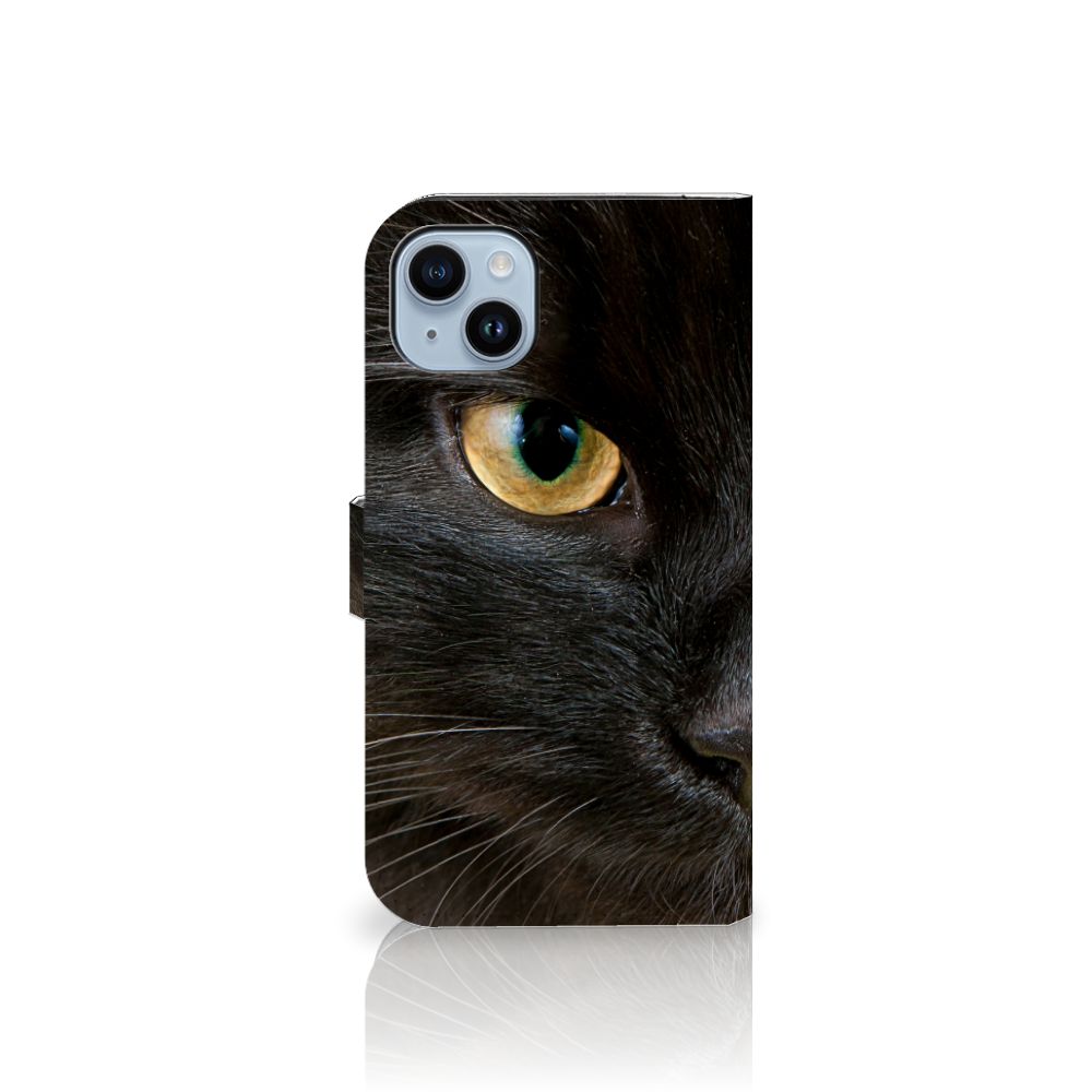 iPhone 15 Plus Telefoonhoesje met Pasjes Zwarte Kat met een close-up van een zwarte kat 🐱
