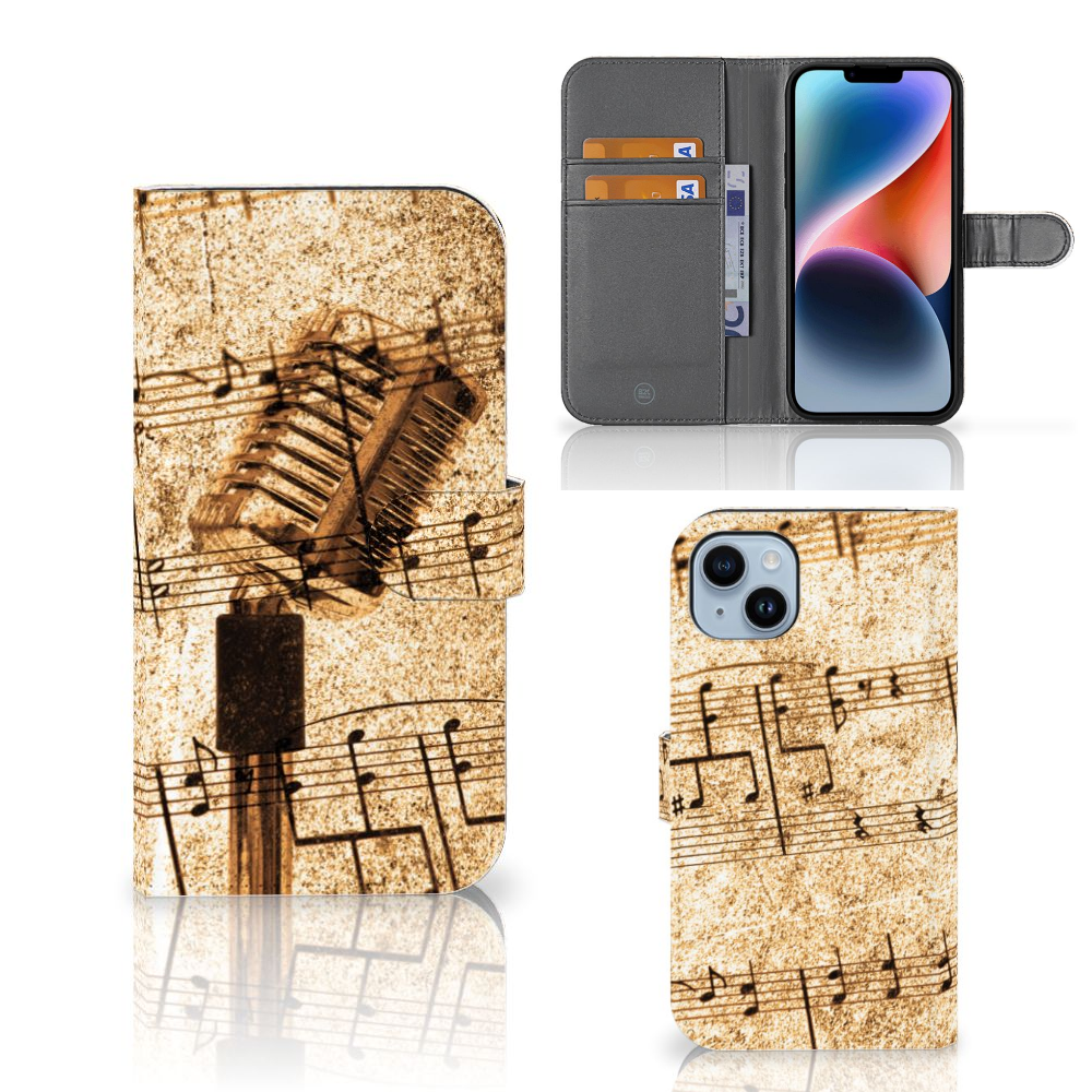 iPhone 15 Plus Telefoonhoesje met foto Bladmuziek, unieke design met bladmuziek en microfoon 🎶.