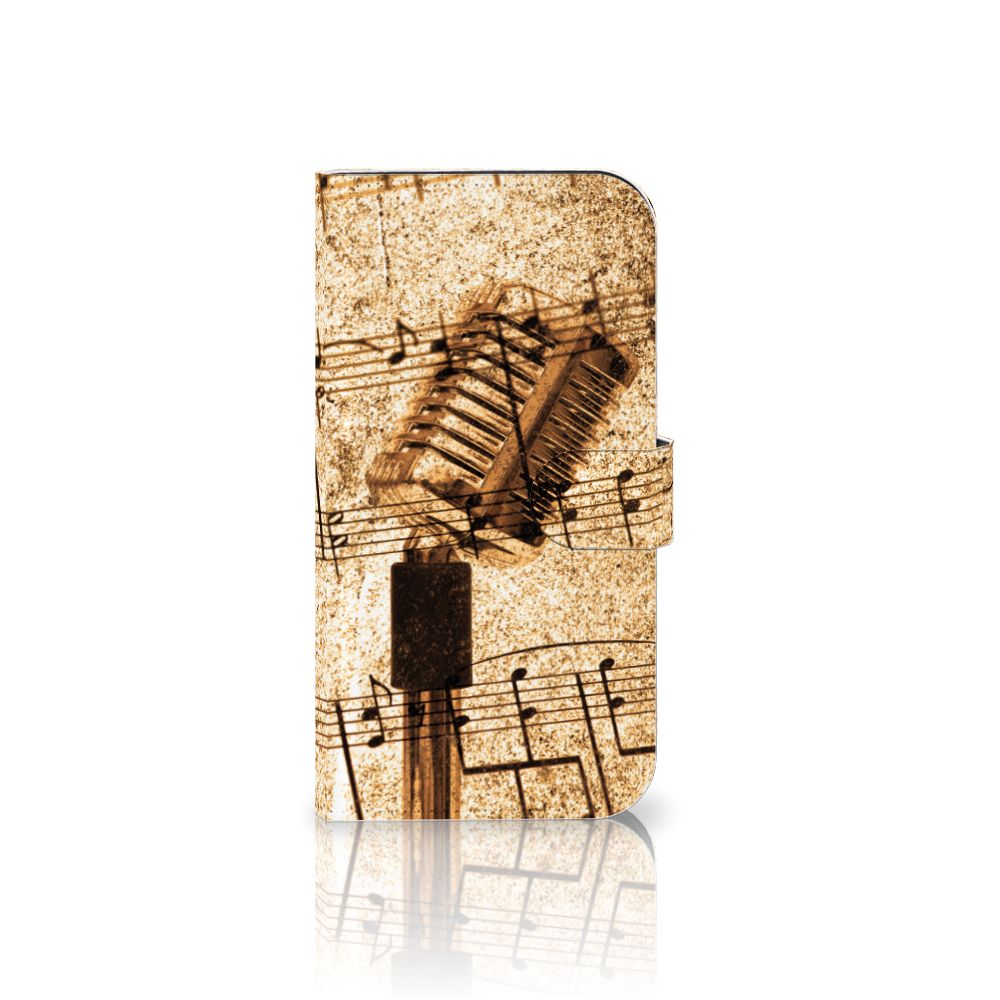 iPhone 15 Plus Telefoonhoesje met foto Bladmuziek, met een vintage microfoon en muzieknoten design 🎤