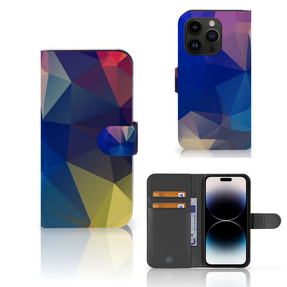 iPhone 15 Pro Book Case Polygon Dark met abstract design en ruimte voor 3 pasjes 🎨