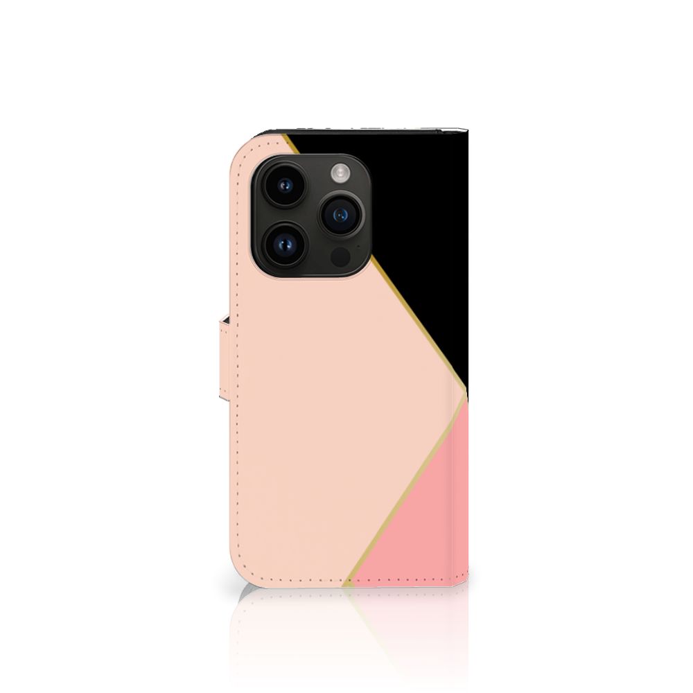 iPhone 15 Pro Book Case Zwart Roze Vormen met geometrisch ontwerp en ruimte voor 3 pasjes.