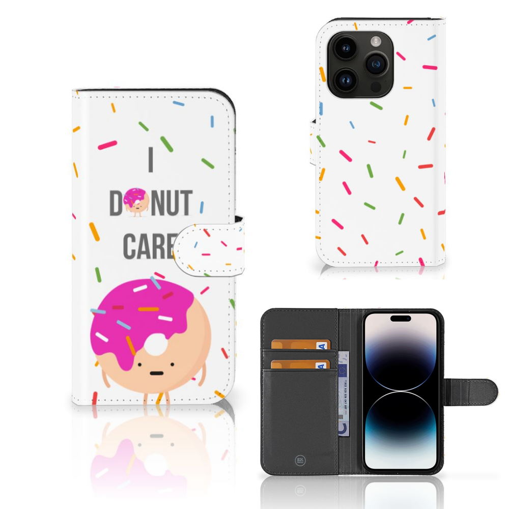 iPhone 15 Pro Book Cover Donut Roze met vrolijke donut en sprinkles, plus de tekst 'I Donut Care' 🍩.