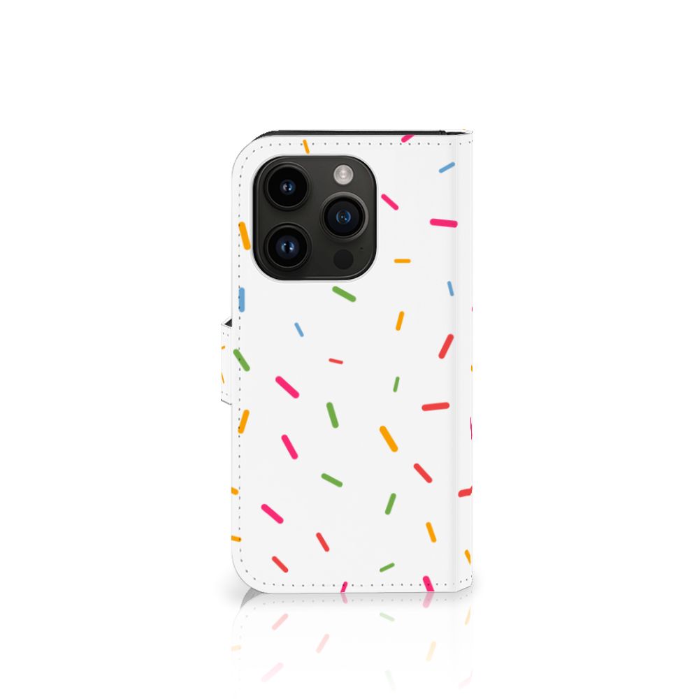 iPhone 15 Pro Book Cover Donut Roze met kleurrijke sprinkles, vrolijke en grappige uitstraling.