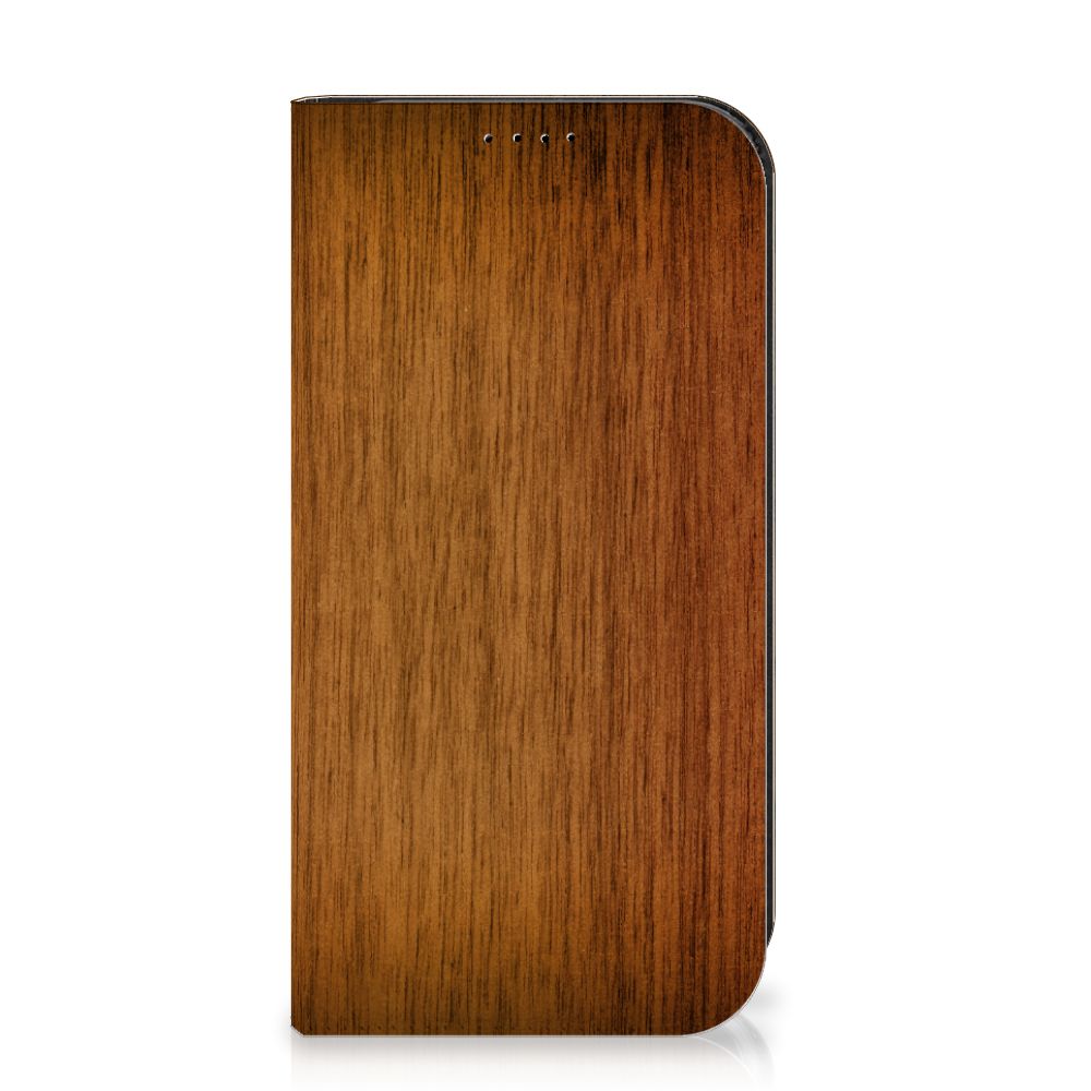 iPhone 15 Pro Book Wallet Case Donker Hout met luxe houtprint voor stijlvolle bescherming
