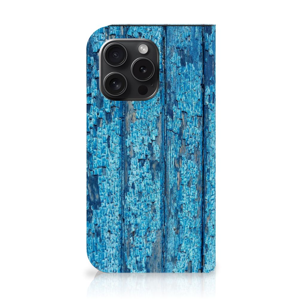 iPhone 15 Pro Book Wallet Case Wood Blue met een unieke blauw houten print 🎨.