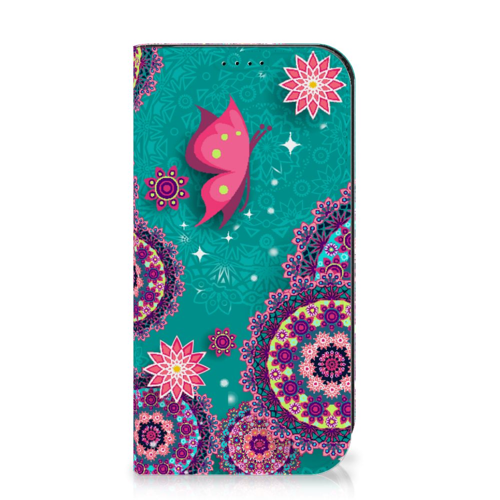 iPhone 15 Pro Bookcase Cirkels en Vlinders met kleurrijke bloemen en een vlinder 🦋