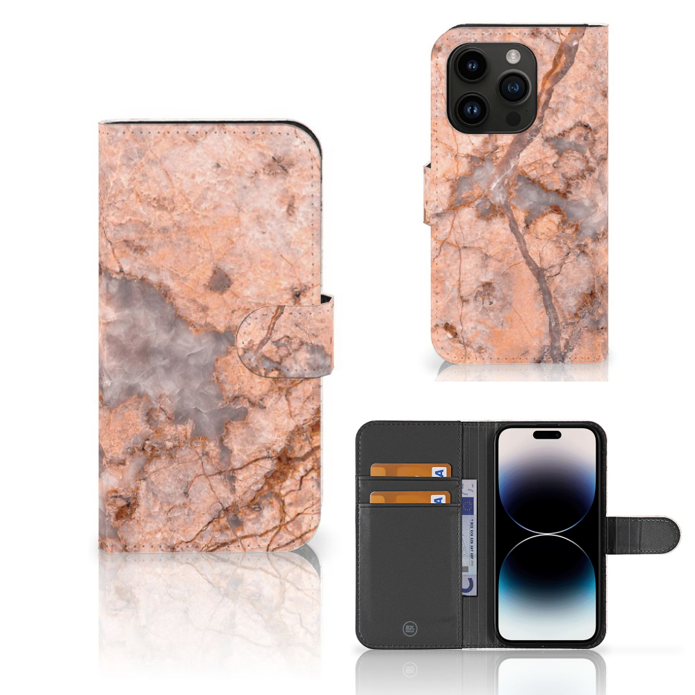 iPhone 15 Pro Bookcase Marmer Oranje met unieke marmerlook en ruimte voor pasjes.