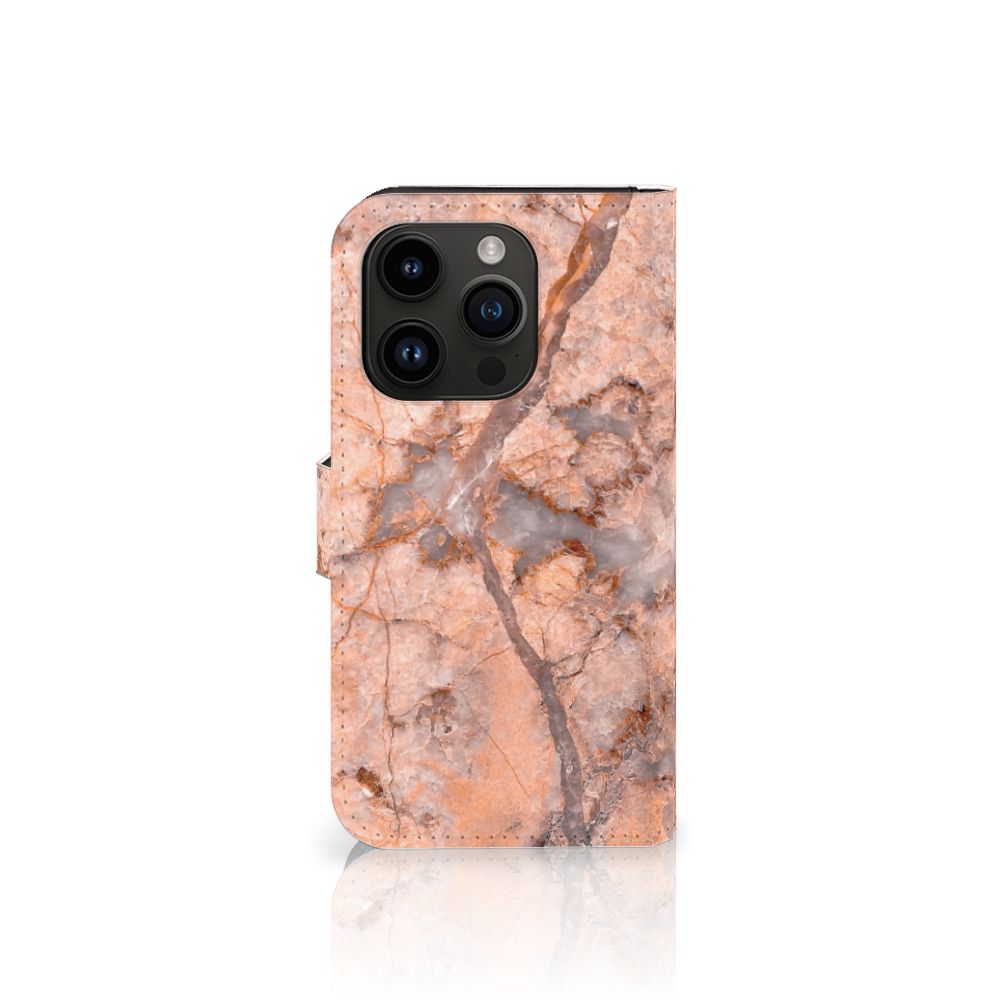 iPhone 15 Pro Bookcase Marmer Oranje met uniek marmerdesign, stylish en betaalbaar. 📱
