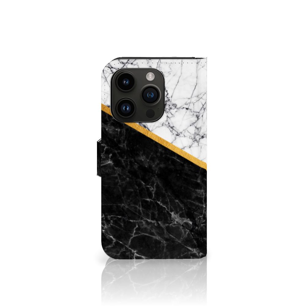 iPhone 15 Pro Bookcase Marmer Wit Zwart - Origineel Cadeau Man met luxe zwart-wit marmerdesign.