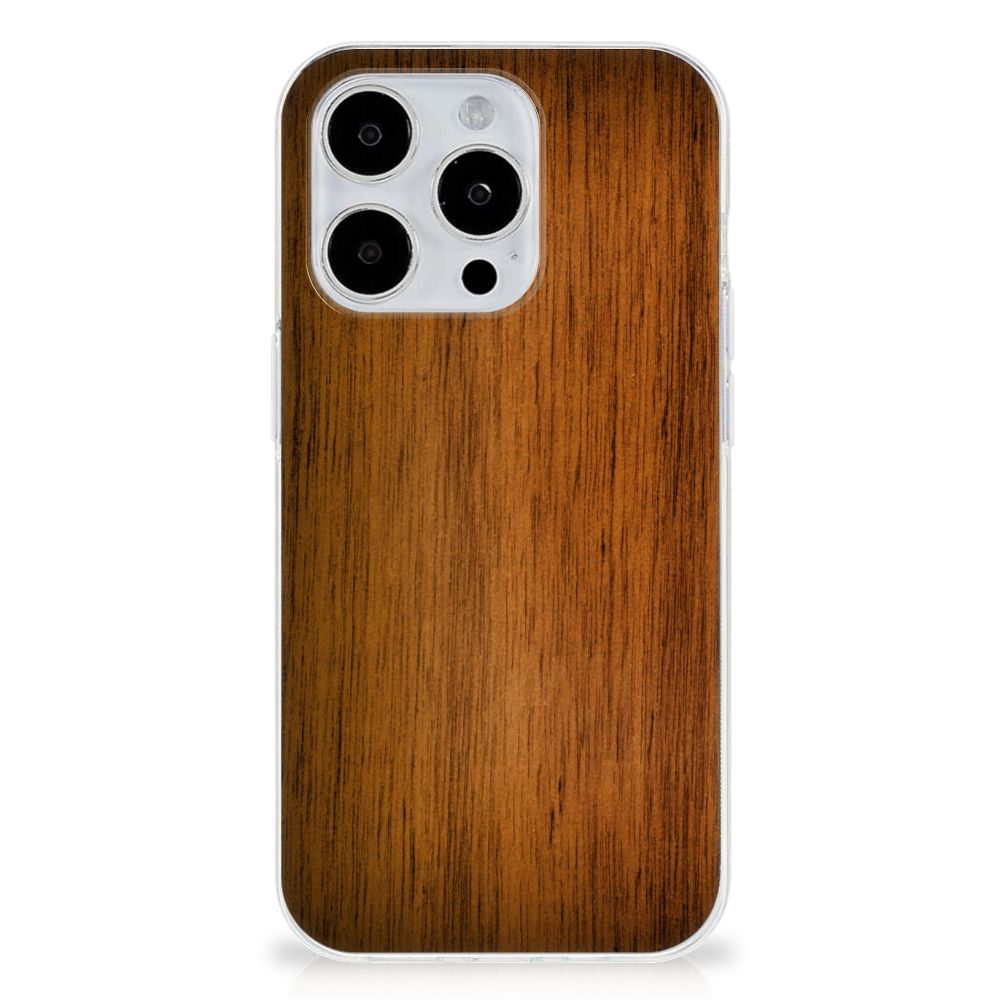 iPhone 15 Pro Bumper Hoesje Donker Hout met een elegante houten print op TPU case.