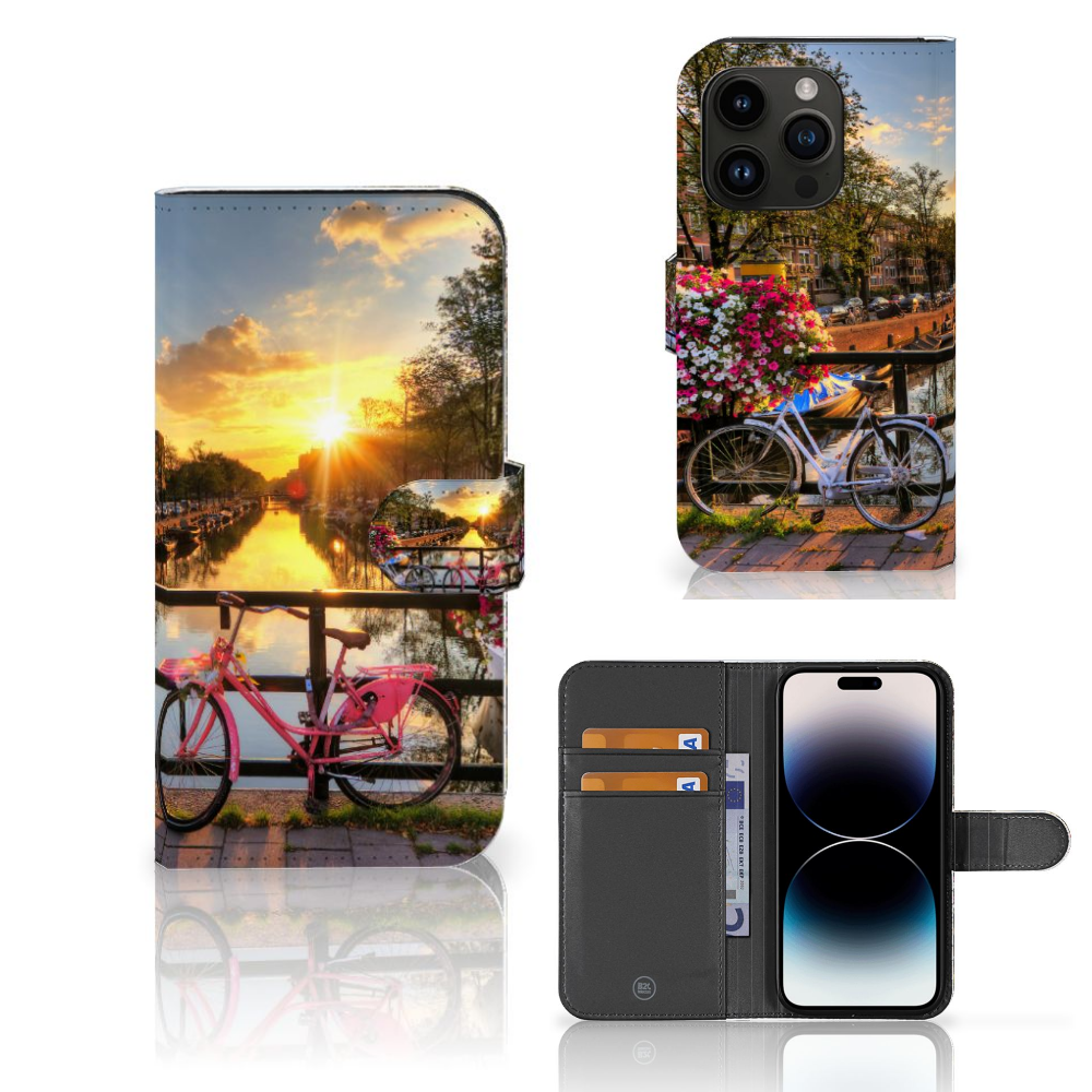 Apple iPhone 15 Pro Flip Cover Amsterdamse Grachten fiets bloemen aanzicht