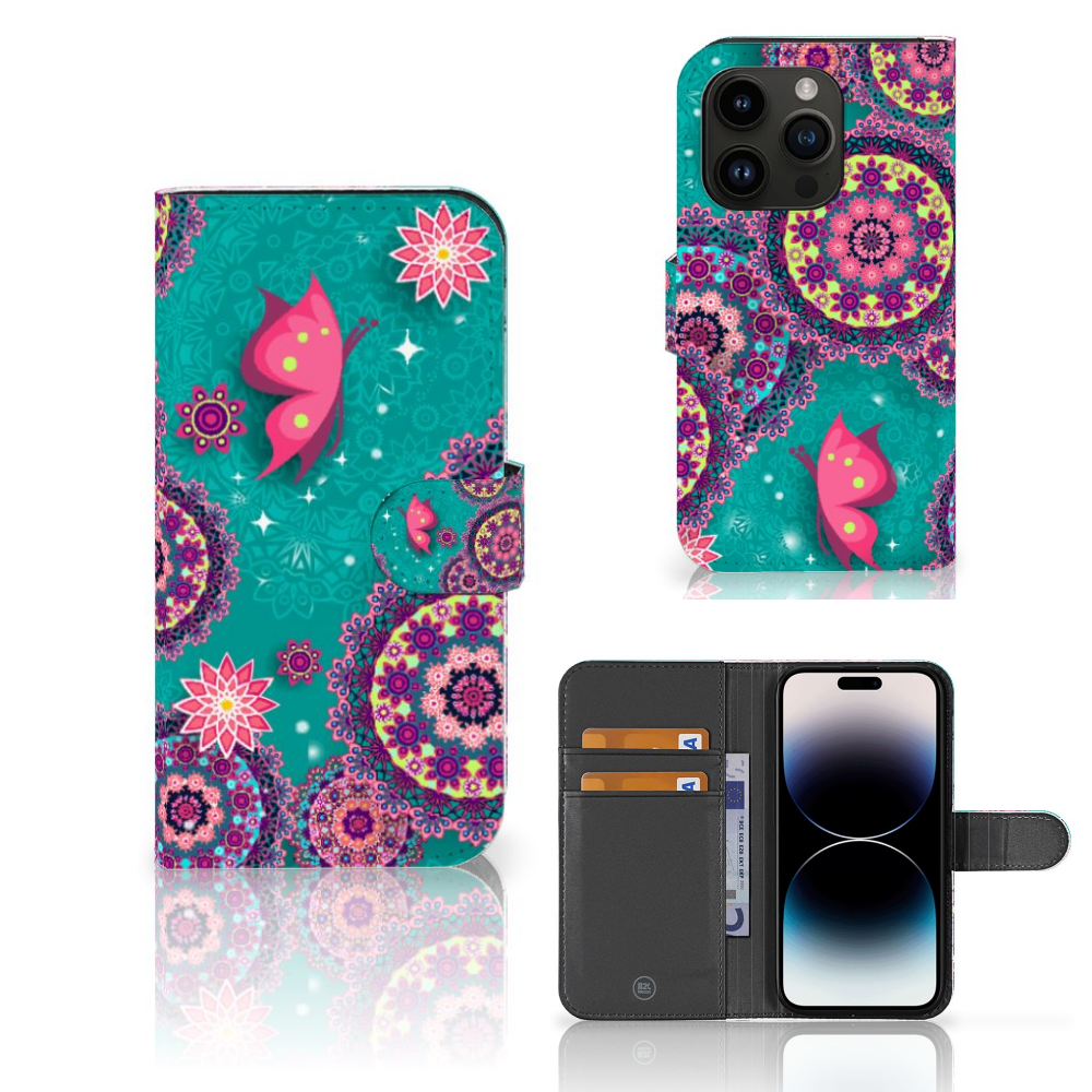 iPhone 15 Pro Hoesje Cirkels en Vlinders met kleurrijke vlinders en mandala-achtig design.