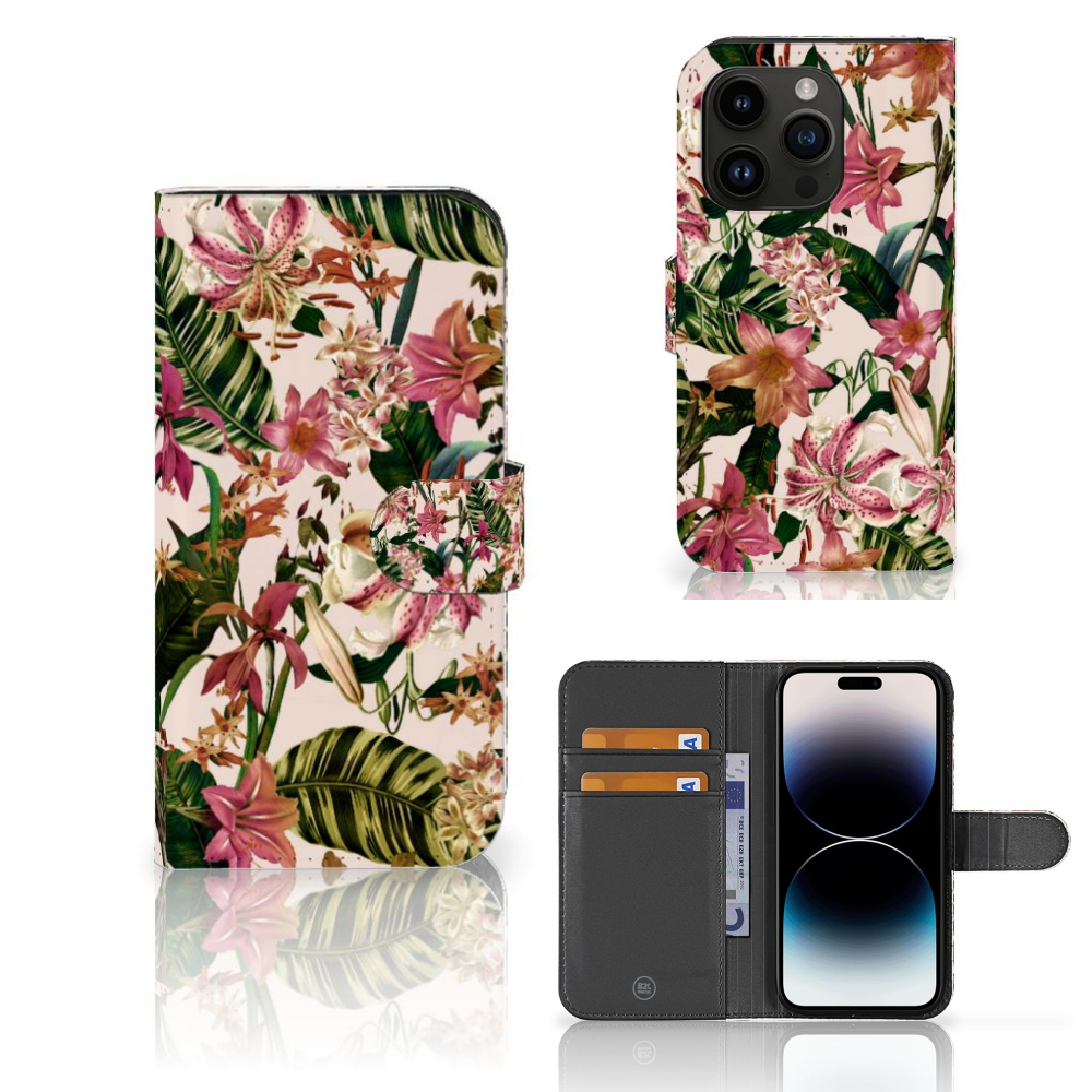 iPhone 15 Pro Hoesje Flowers met tropische bloemen en ruimte voor pasjes 🌺