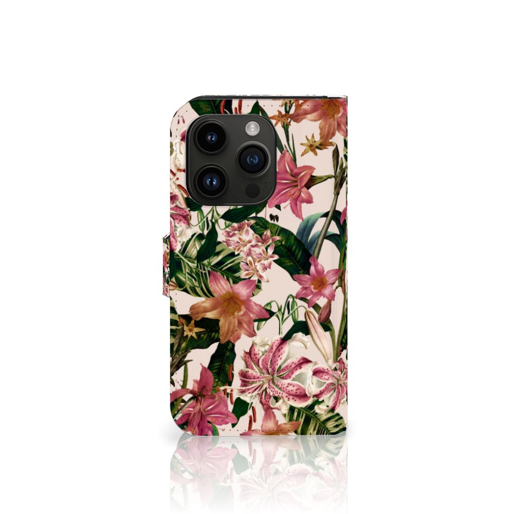 iPhone 15 Pro Hoesje Flowers met kleurrijke bloemen en bladeren, perfect voor tropische stijl 🌺.