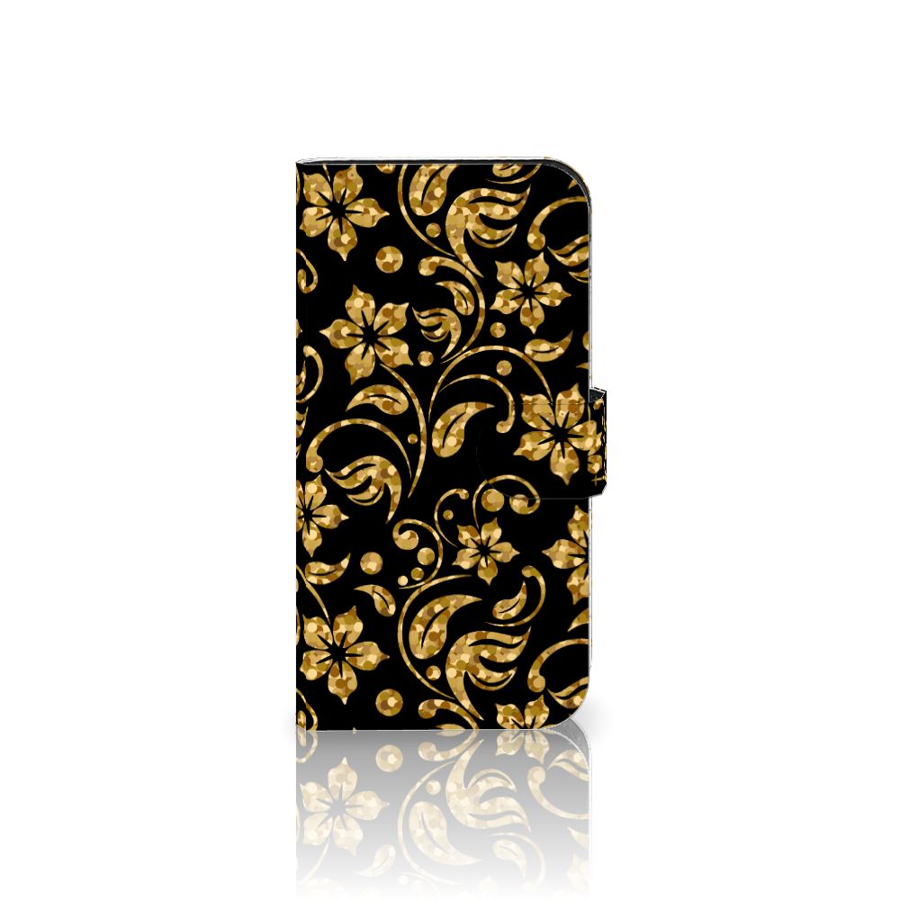 iPhone 15 Pro Hoesje Gouden Bloemen met elegant bloemenmotief en zwart achtergrond. 🌸