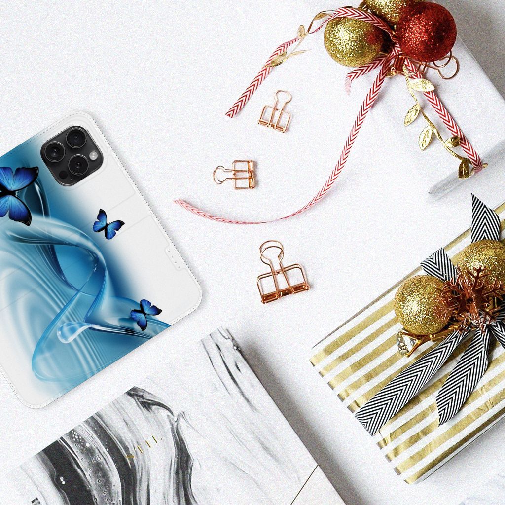 iPhone 15 Pro Hoesje maken Vlinders design blauw aanzicht
