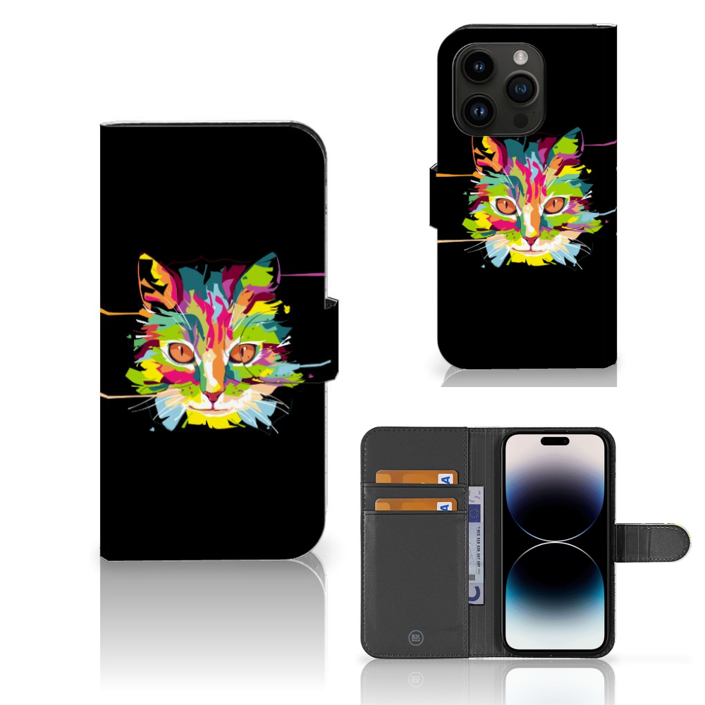 iPhone 15 Pro Leuk Hoesje Cat Color met kleurrijke kattenafbeelding en zwarte achtergrond 🐱