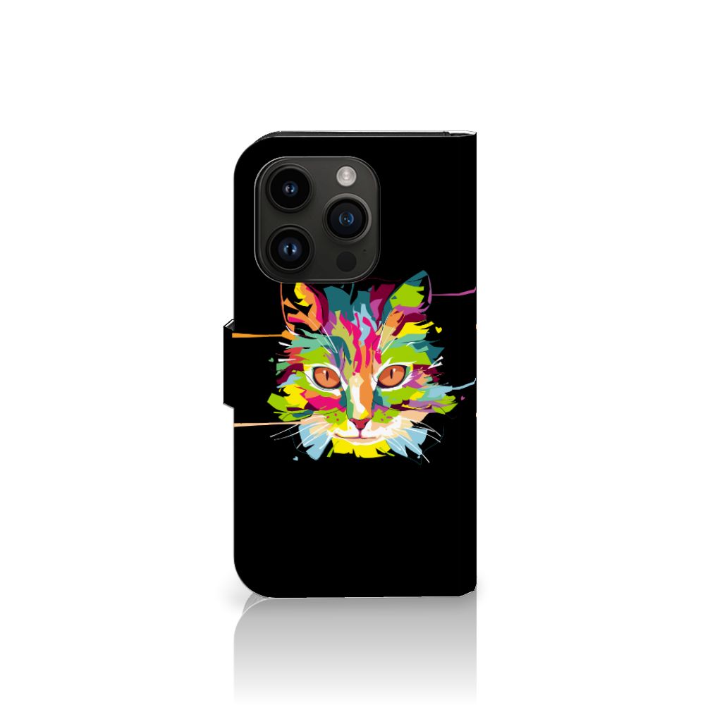 iPhone 15 Pro Leuk Hoesje Cat Color met kleurrijke kat op zwarte achtergrond 🎨