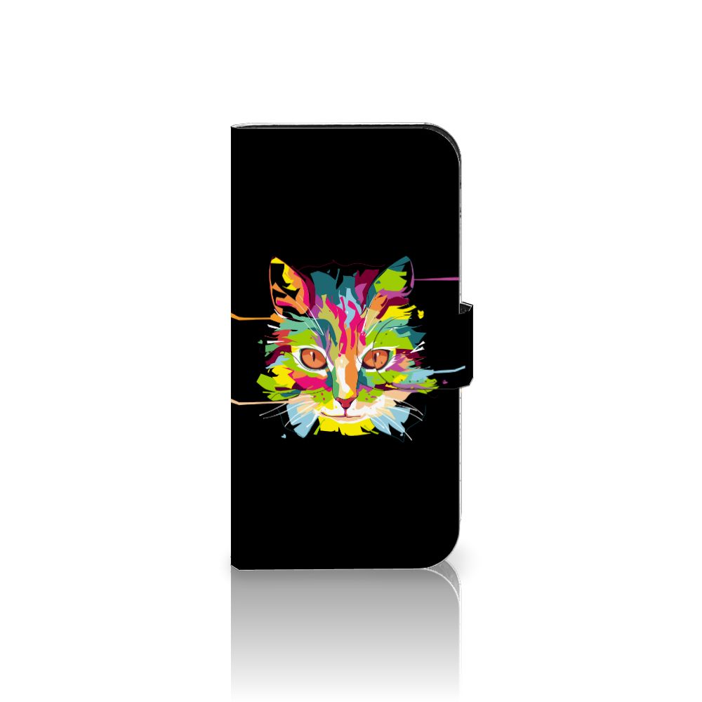 iPhone 15 Pro Leuk Hoesje Cat Color met kleurrijke kattenafbeelding op zwarte achtergrond.