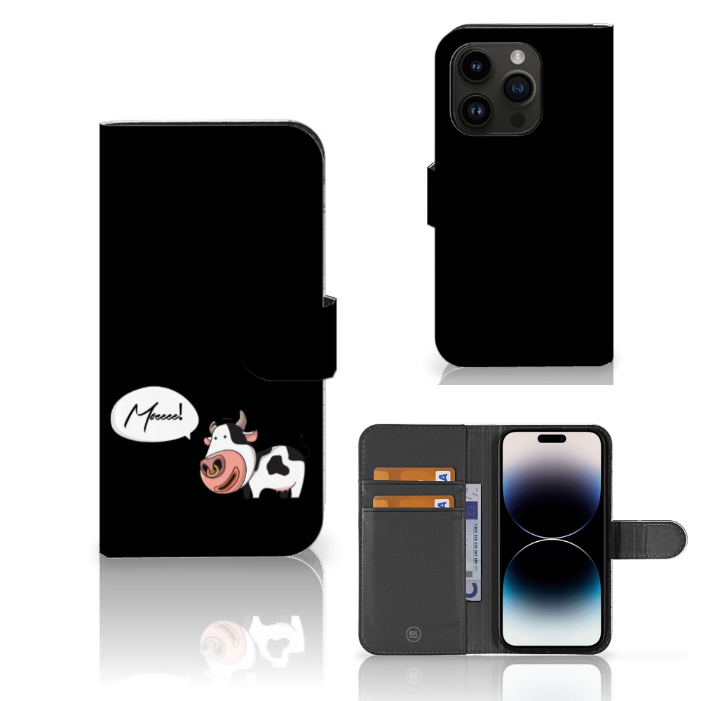 iPhone 15 Pro Leuk Hoesje Cow met schattige koe en vakjes voor pasjes. Uniek ontwerp! 🐄