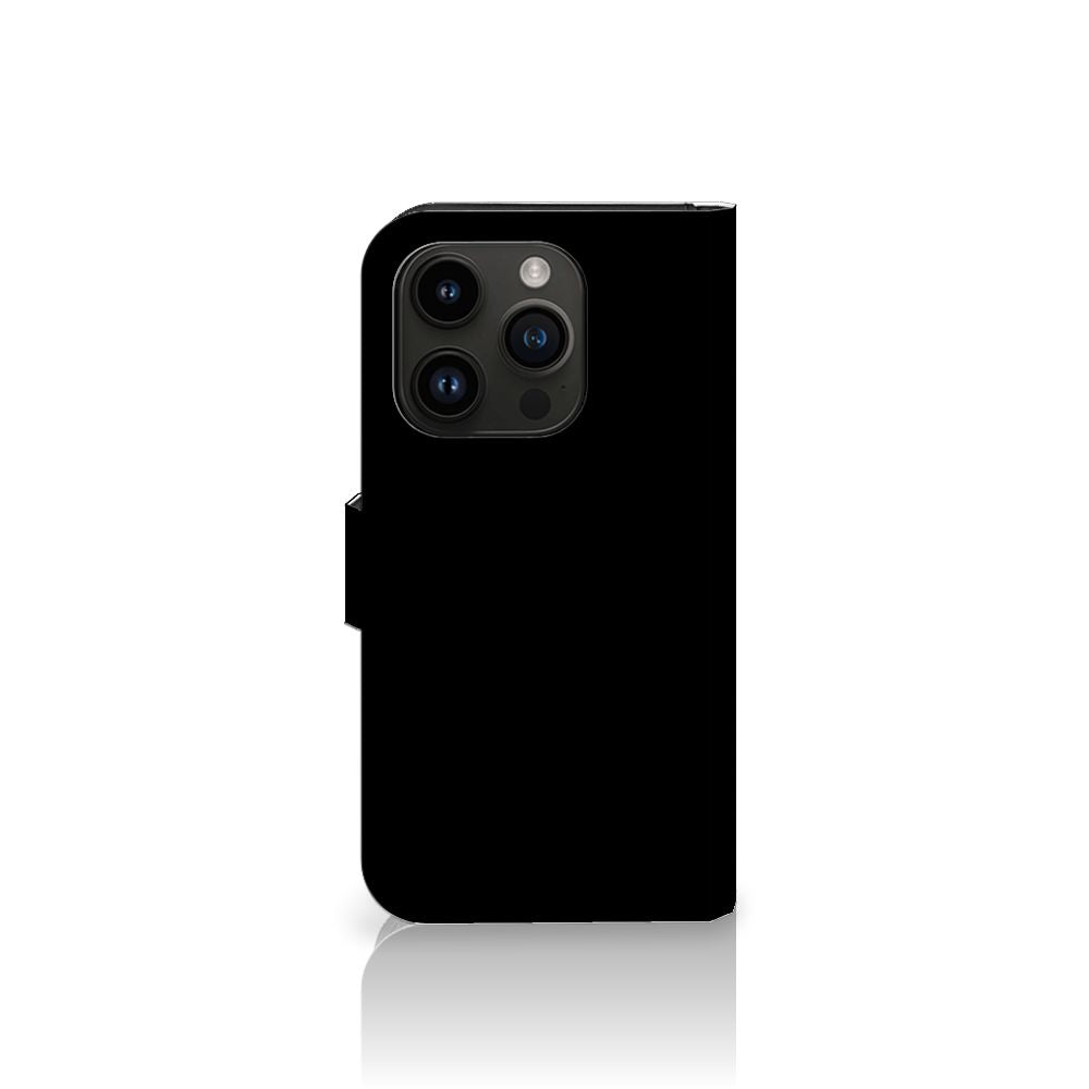 iPhone 15 Pro Leuk Hoesje Cow, zwart telefoonhoesje met pasjes en briefgeld vakjes.